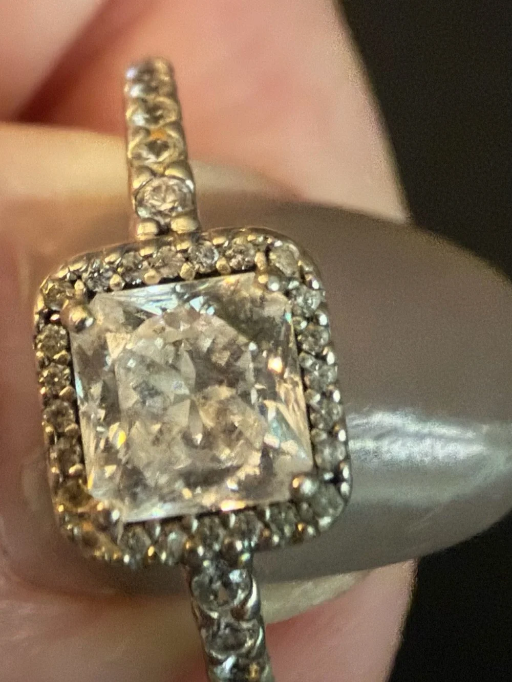 Pandora Size 7  Sterling Silver Ring Square CZ Solitaire in a Halo Setting